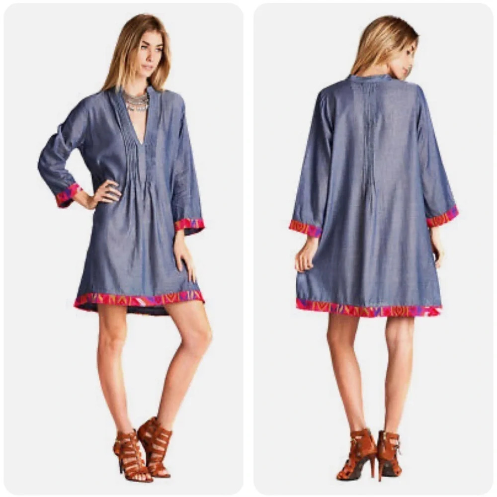 Velzera Pleated Chambray BoHo Gypsie Mini Tunic Dress Medium